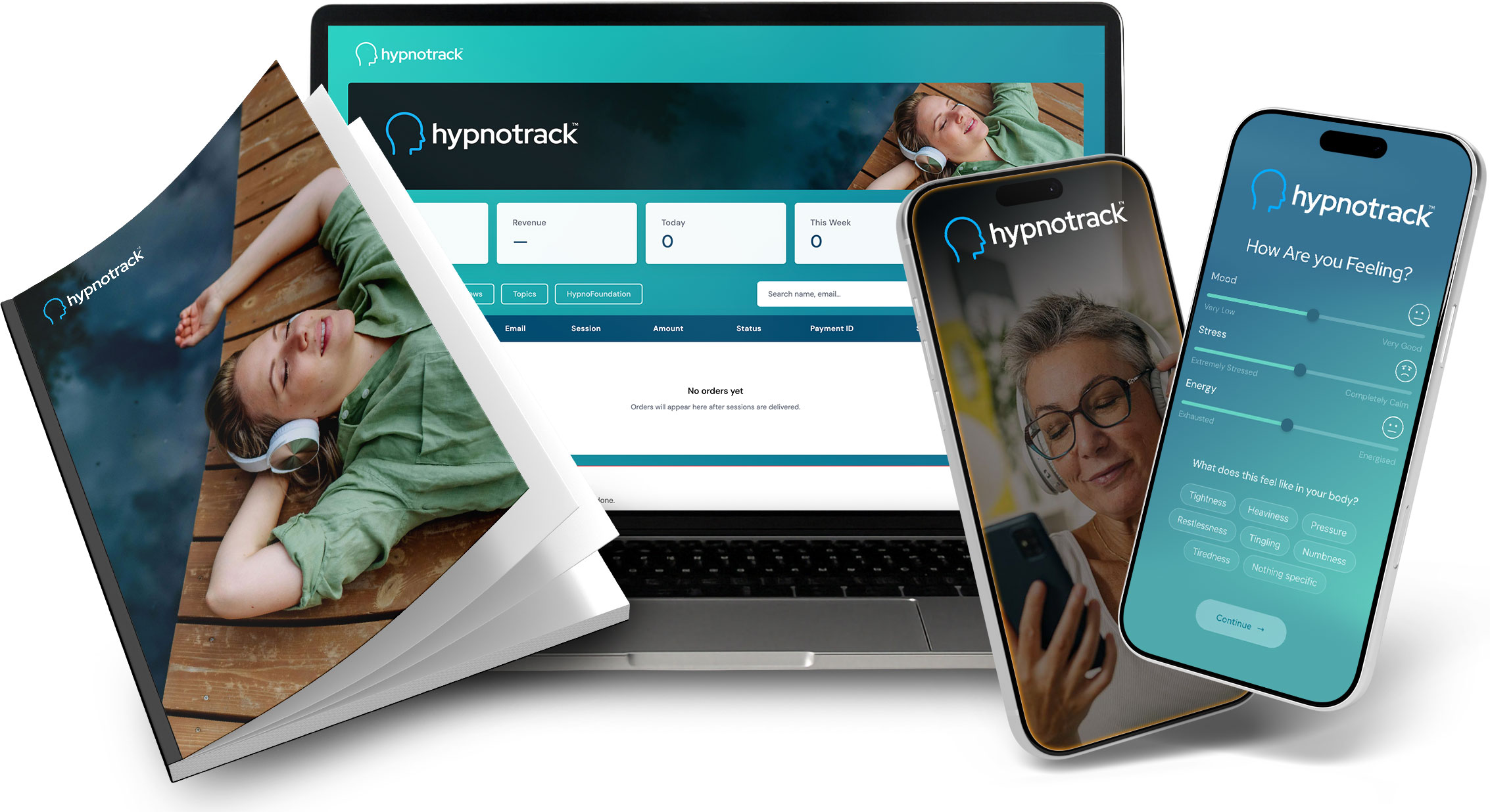 Hypnotrack session delivered across devices — laptop, phone and printed guide